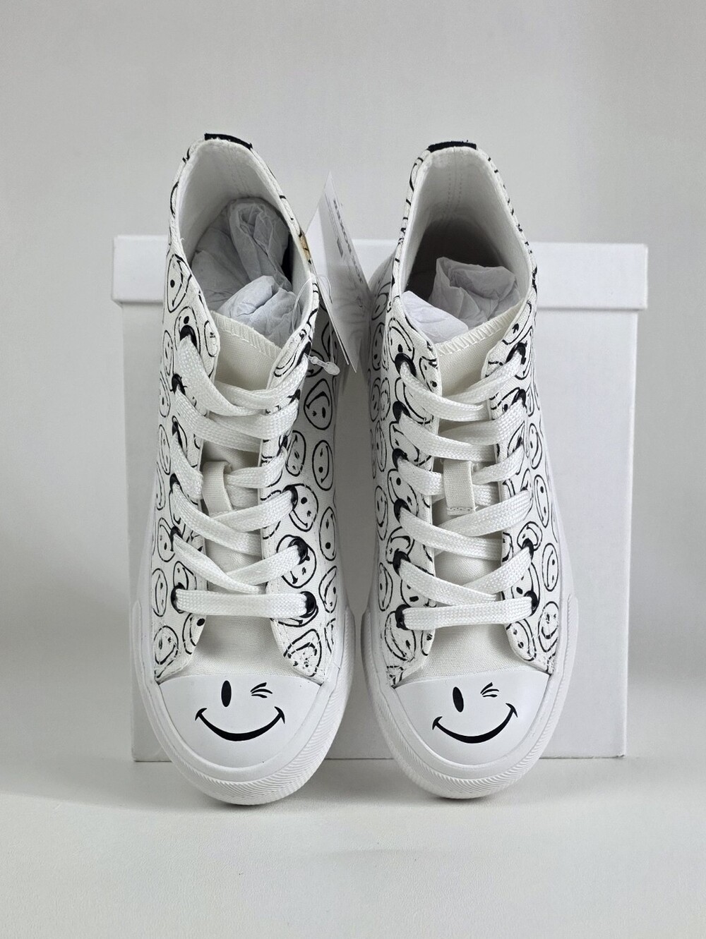 Joe Boxer White High-Top Sneakers with Black Smiley Doodles!